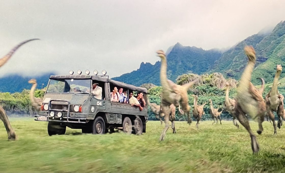 Kualoa Ranch Gallimimus stampede Jurassic World movie scene.