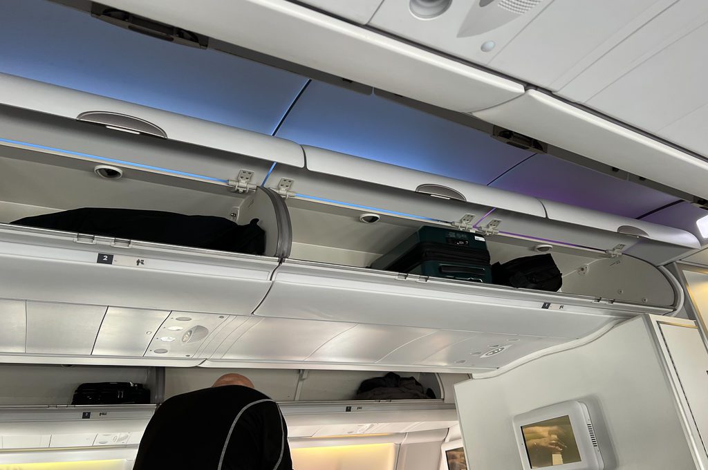 Hawaiian Airlines First Class A330 seat overhead storage