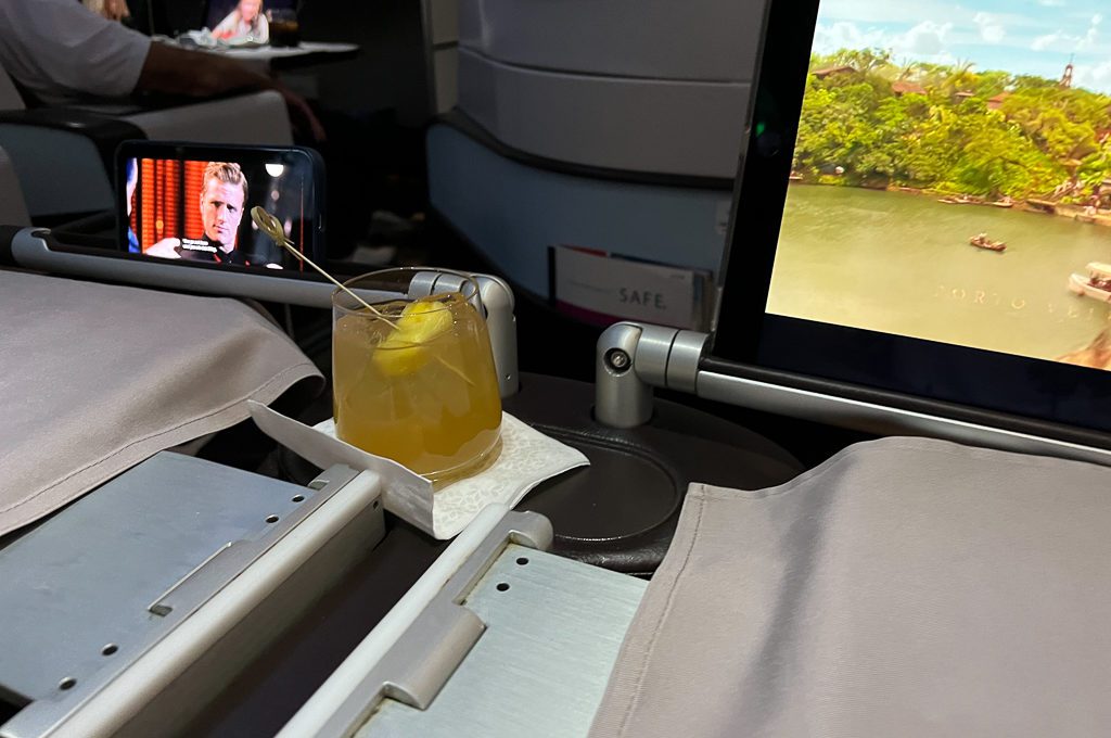 Free drink in Hawaiian Airlines First Class.