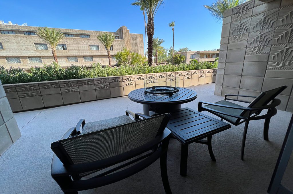 Arizona Biltmore guest room balcony with fire pit