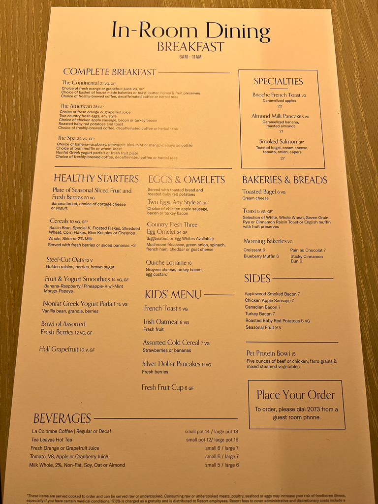 Arizona Biltmore In-Room dining menu.