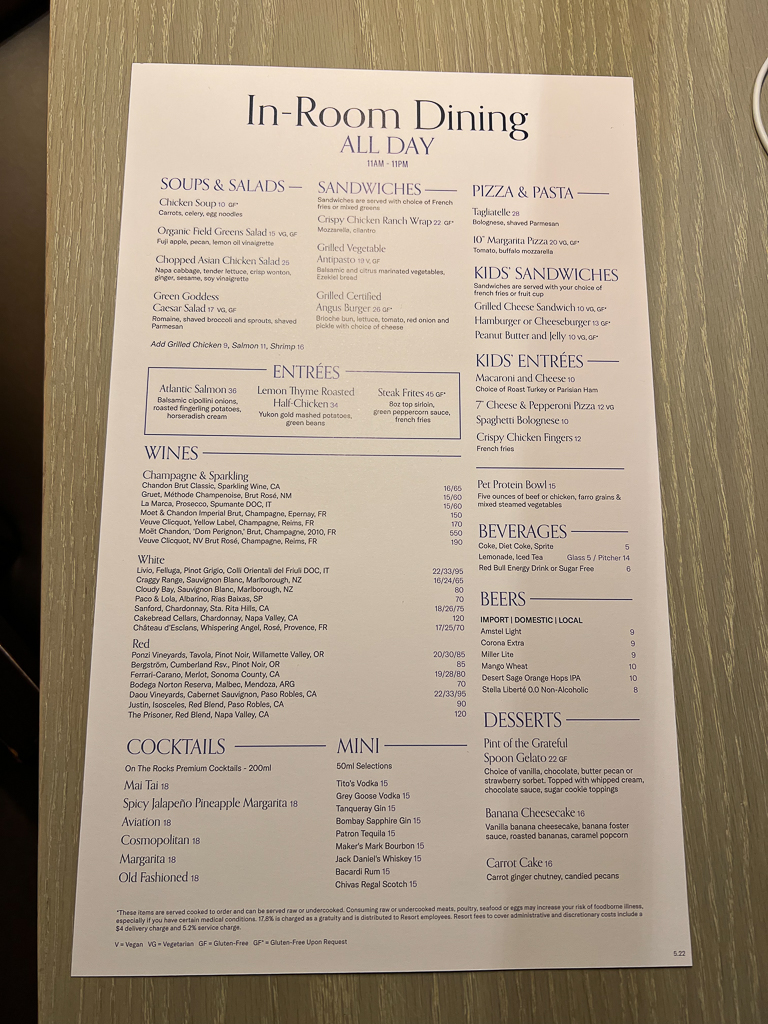 Arizona Biltmore In-Room dining menu.