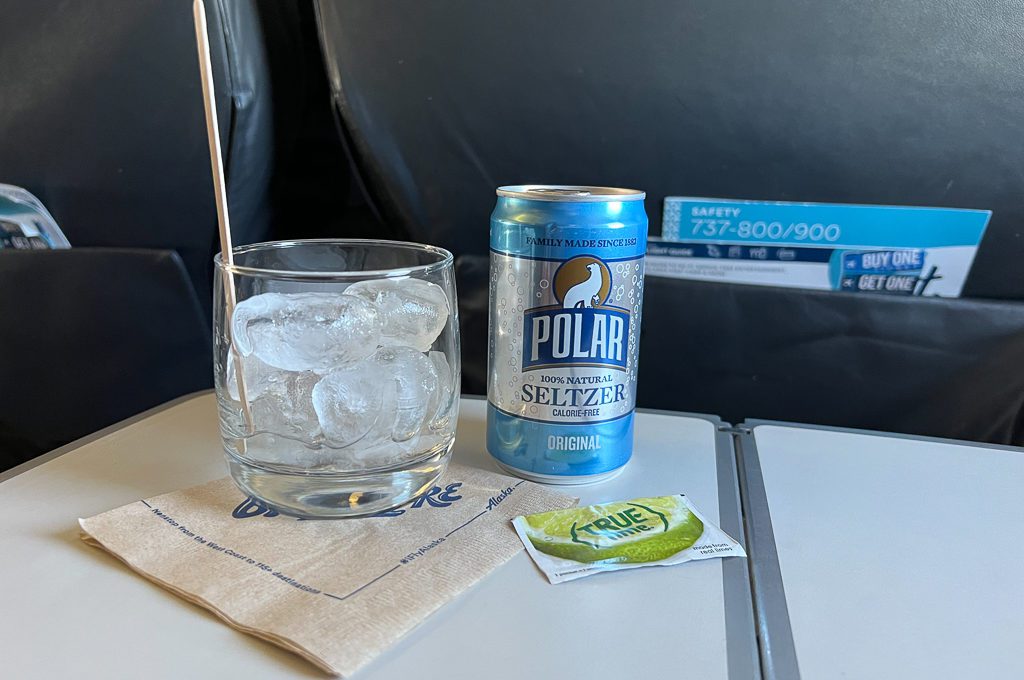 Alaska airlines first class sparkling water drink