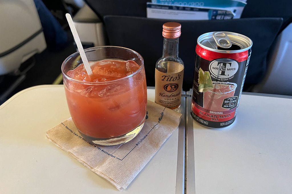 Alaska airlines first class bloody Mary drink