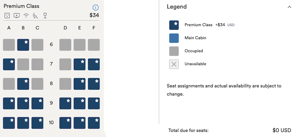 Premium class seat selection