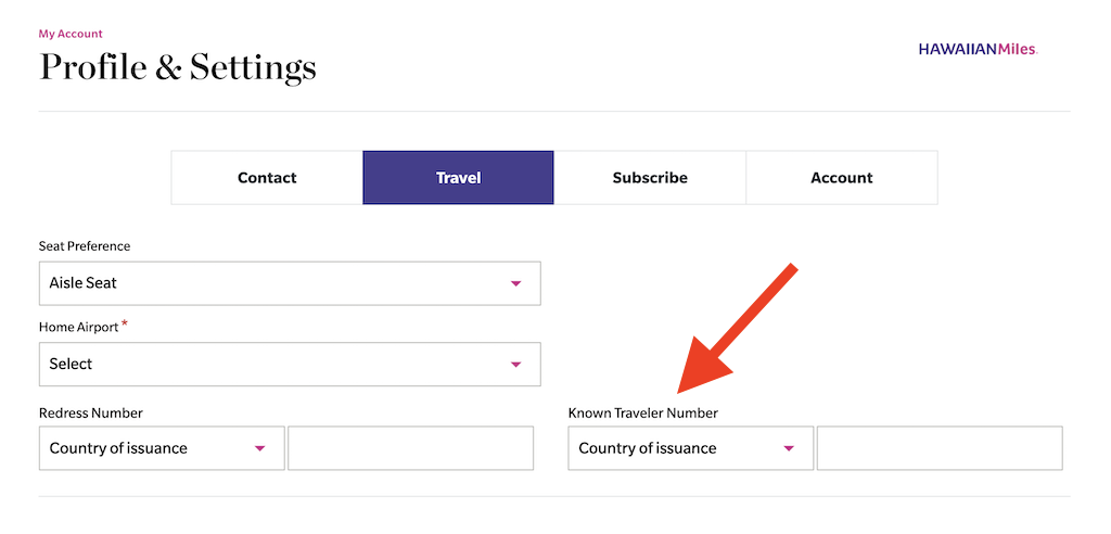 Hawaiian Airlines known traveler number entry