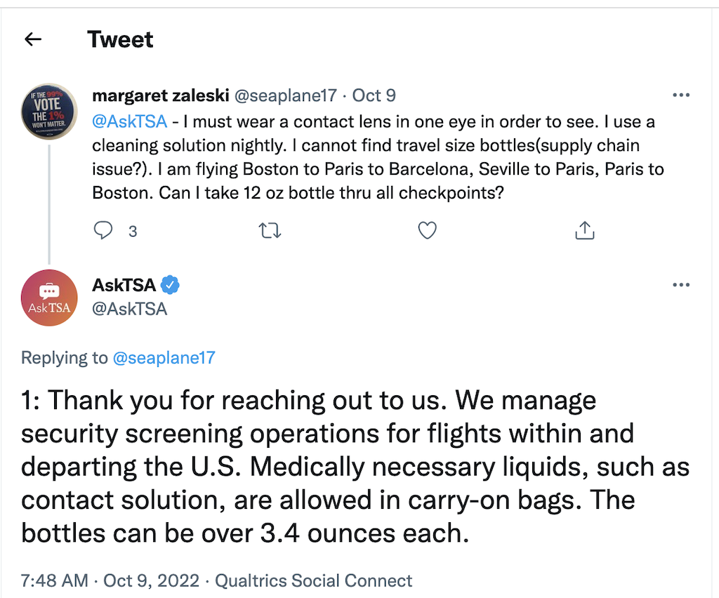 TSA Twitter account explaining contact solution medical exception