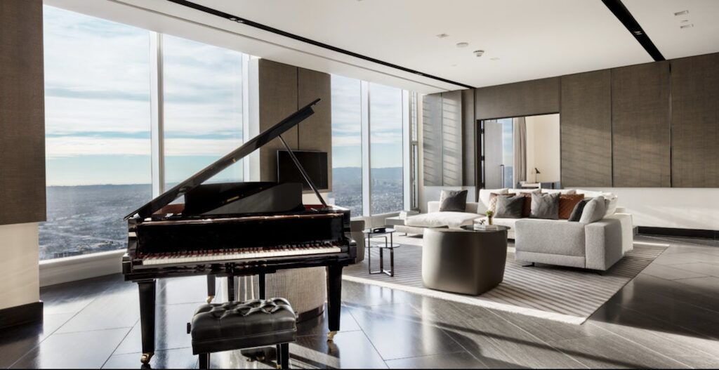 InterContinental Los Angeles Downtown Presidential Suite living room with piano