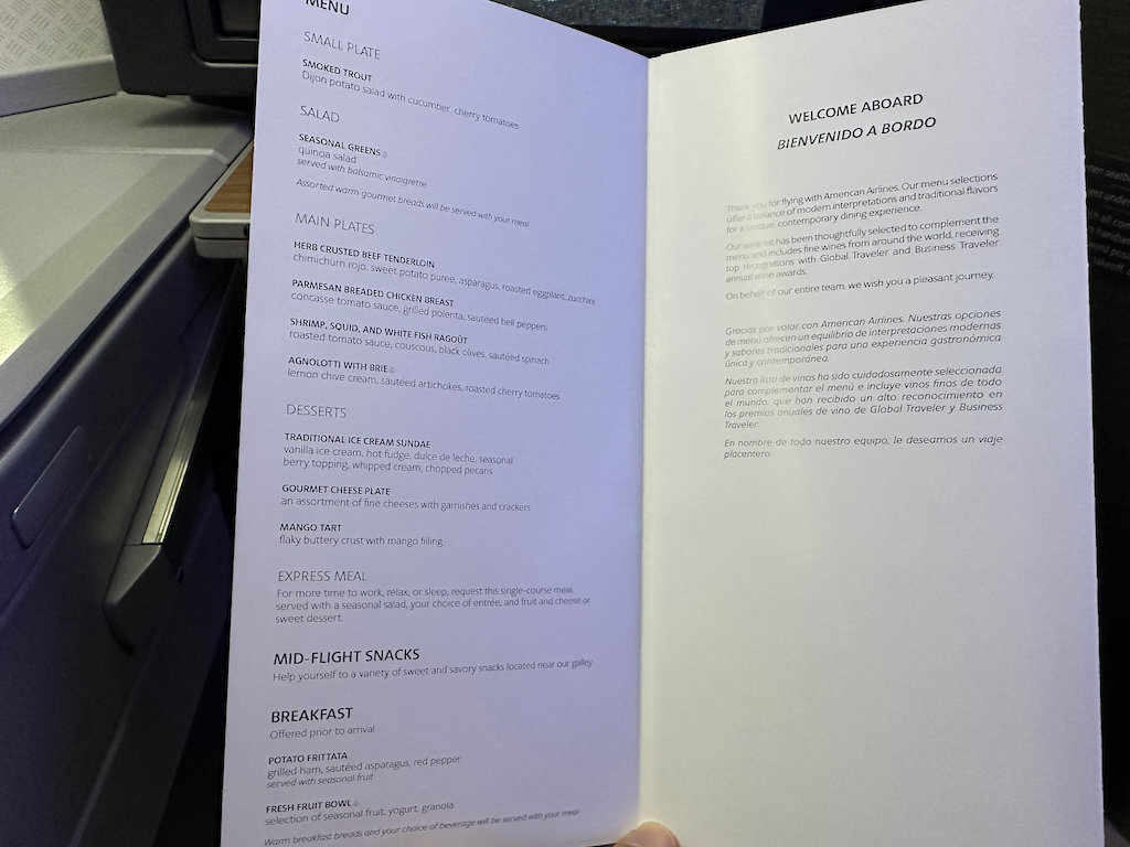 American Airlines 777-200 Business Class menu