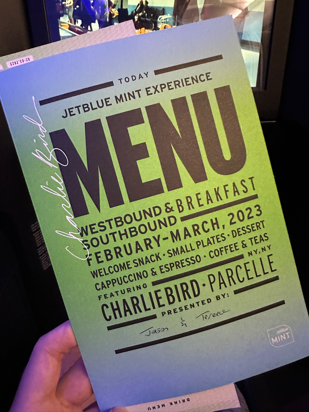 JetBlue A321 Classic Mint suite menu