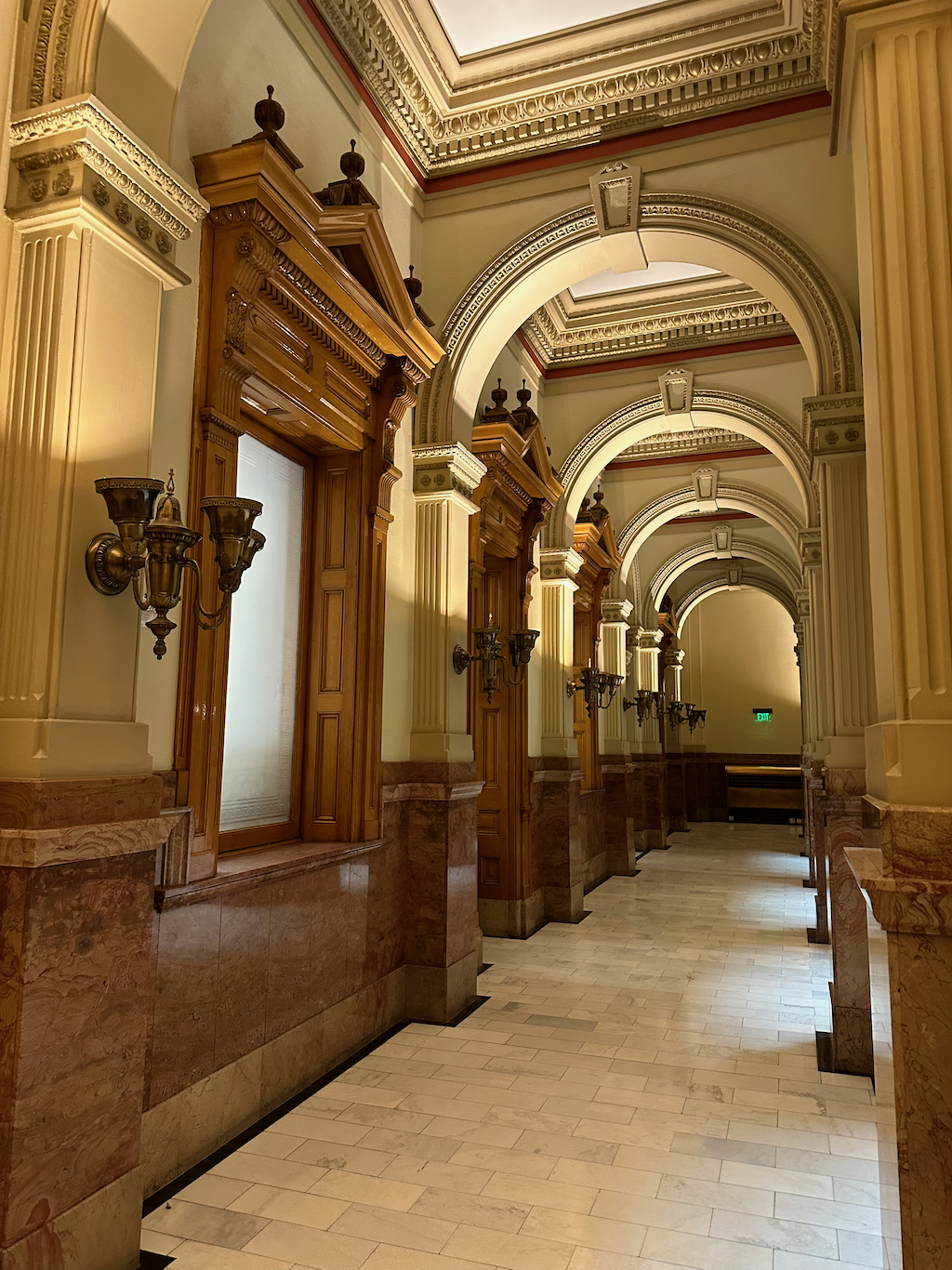 Colorado State Capitol brass light fixtures and white oak trim