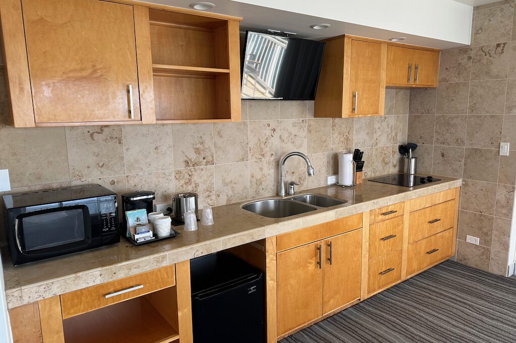 Oceanfront junior suite kitchenette at Hilton DoubleTree Hilo