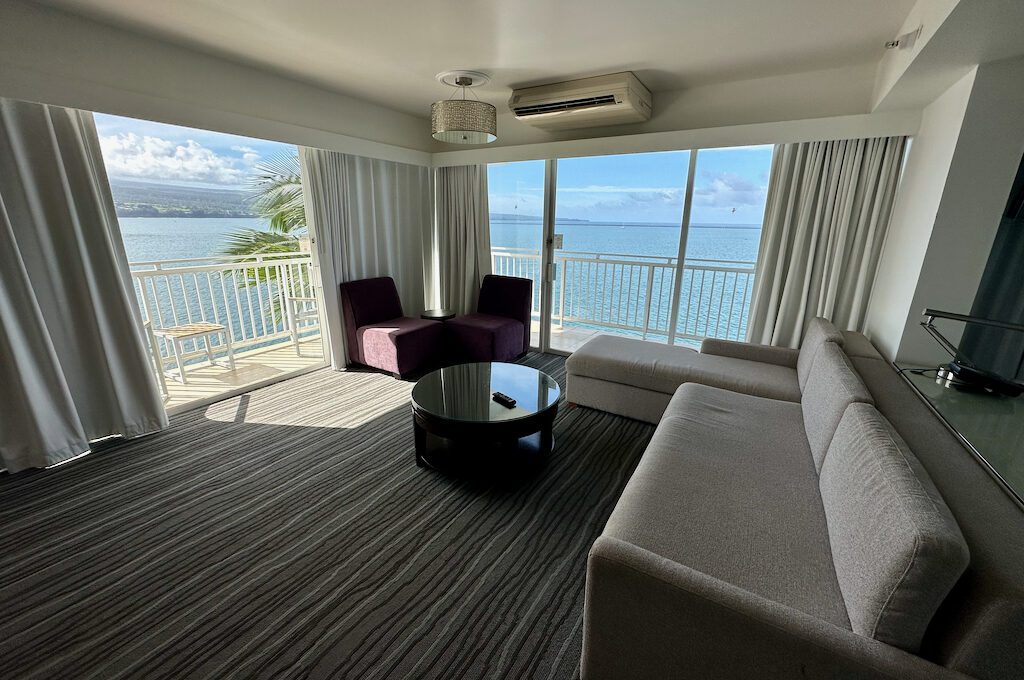 Oceanfront junior suite living room at Hilton DoubleTree Hilo