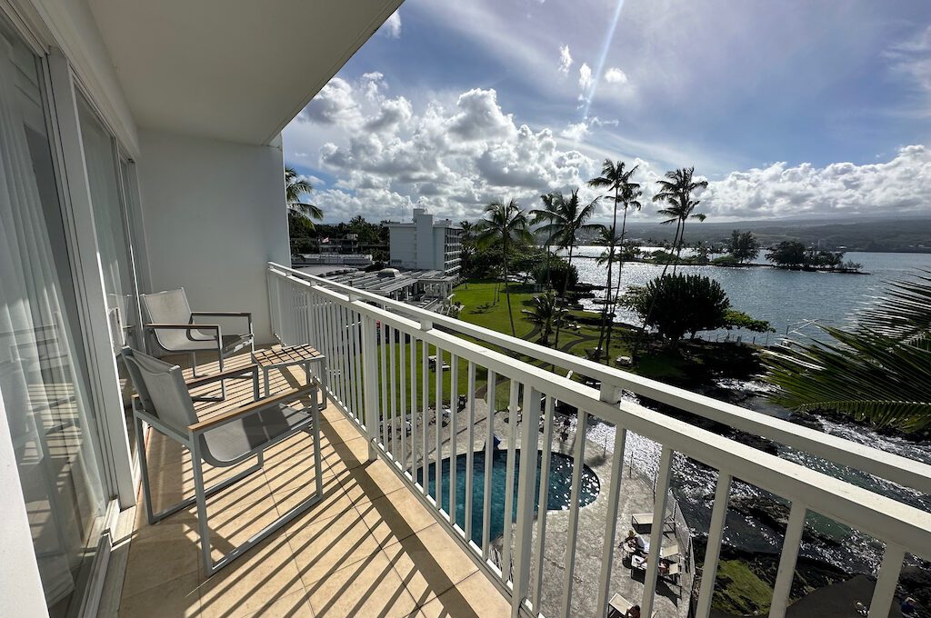 Oceanfront junior suite balcony overlooking ocean at Hilton DoubleTree Hilo