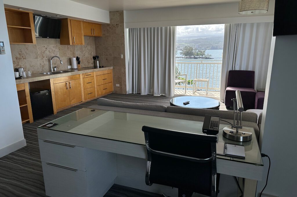 Oceanfront junior suite workstation and kitchenette at Hilton DoubleTree Hilo