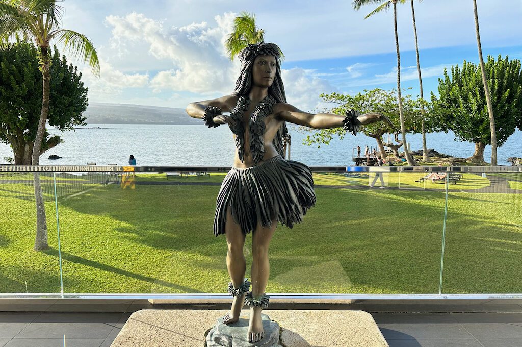 Hula dancer statue in lobby at Hilton DoubleTree Hilo