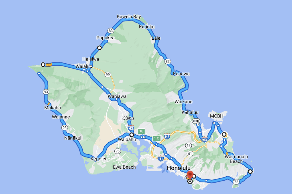 Oahu loop map route