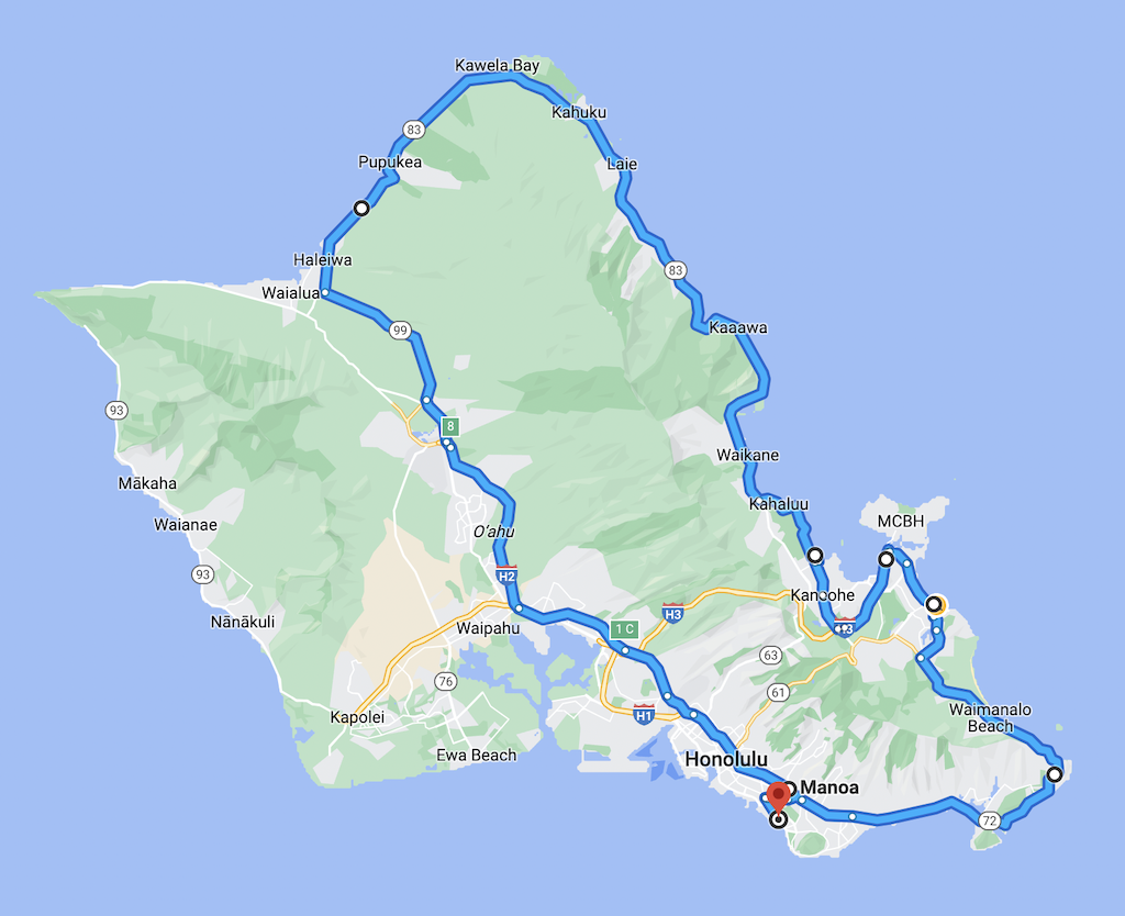 Oahu loop map route