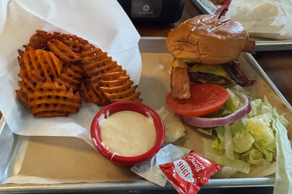 Burger and sweet potato fries at Superior Bathhouse Brewery