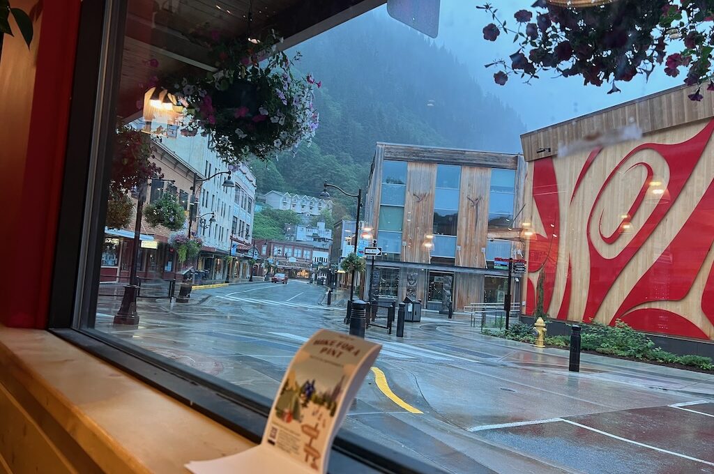 View looking outside down a street at Heritage Coffee Roasting Co Juneau