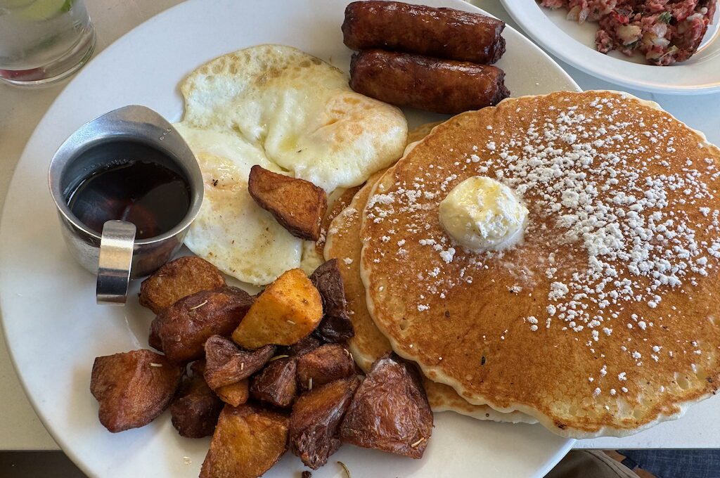 Pancakes syrup eggs home fries Liz's Cafe, Anybody's Bar