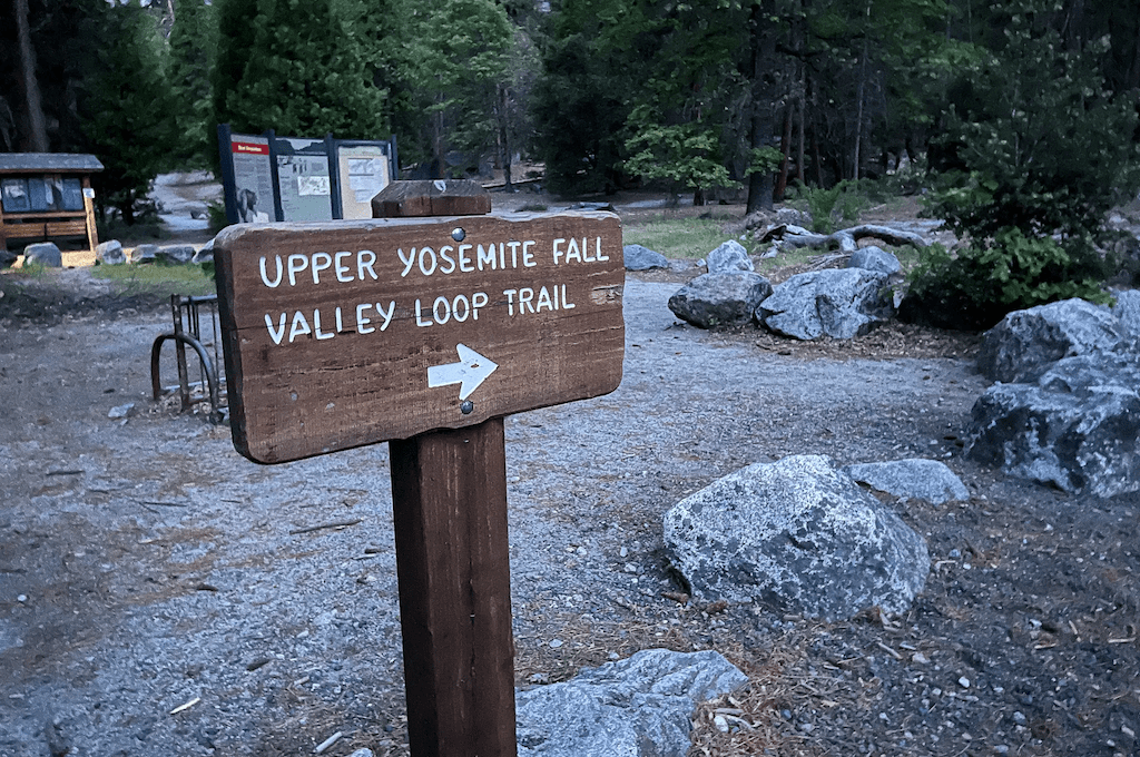 Upper yosemite falls wooden trail sign