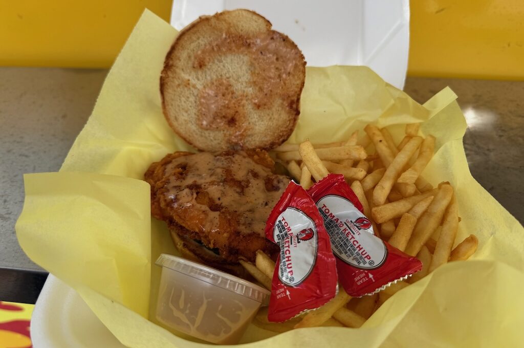 Chicken sandwich with french fries and ketchup packets