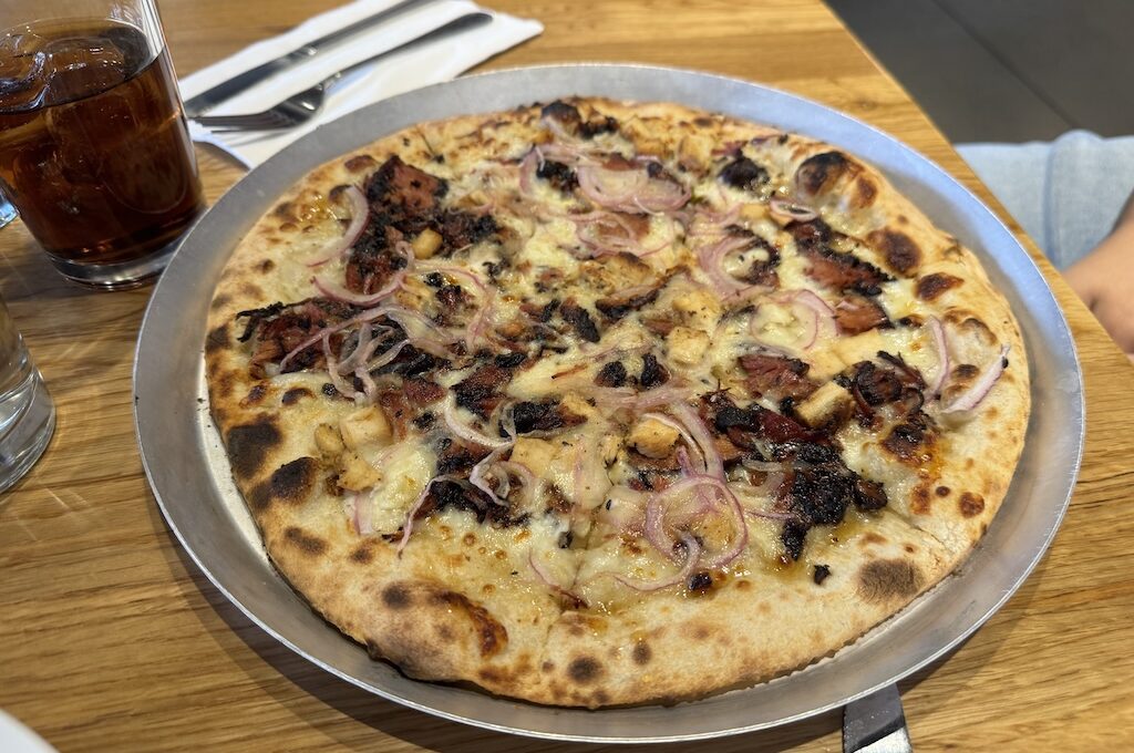 Chicken, turkey burnt ends, jalapeños, red onion, and hot honey pizza