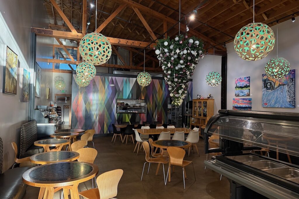 Interior dining room with upside down Christmas tree from ceiling