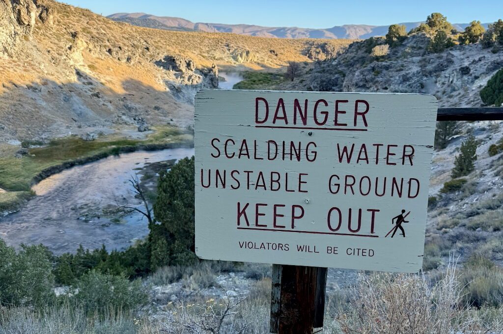 Hot Creek geological area sign keep out