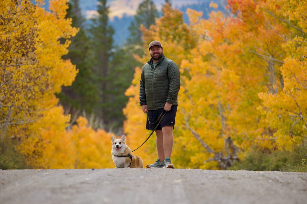 mand and dog at Sagehen Summit fall